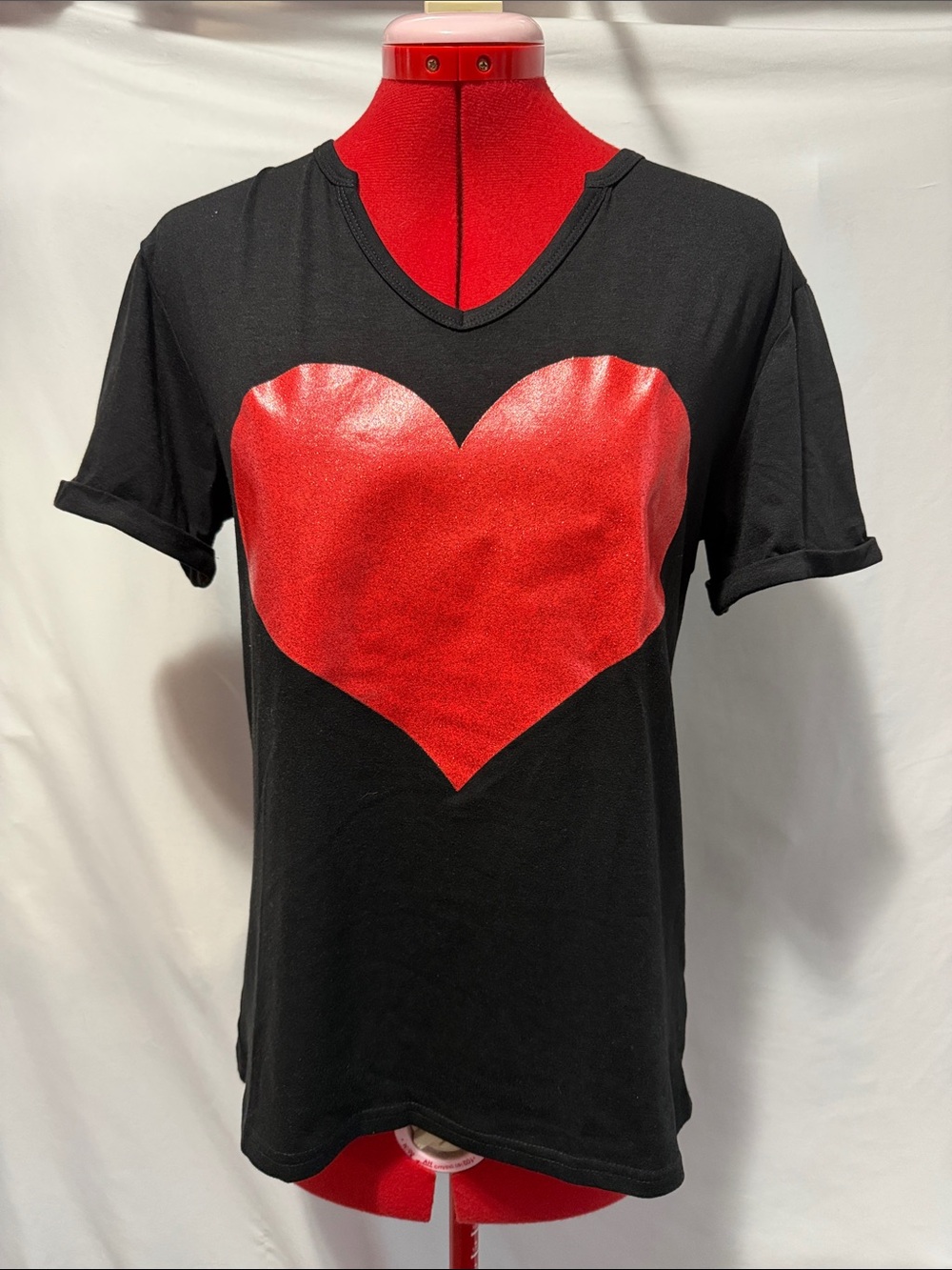 Women's Black V-Neck Tee with Red Heart Graphic